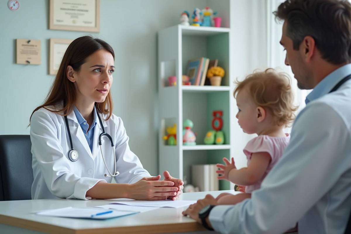 Pediatre explique médicaments à un père avec sa fille