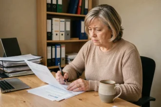 Femme d'âge moyen examinant des documents administratifs liés à une demande de pension d'invalidité pour algodystrophie