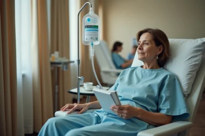 Femme assise dans un fauteuil médical recevant une perfusion de fer par voie intraveineuse en clinique de jour