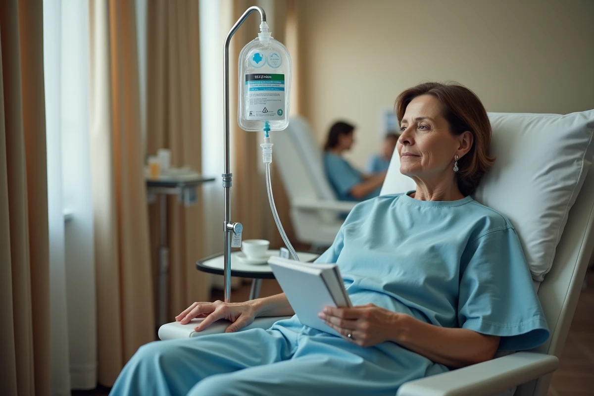 Femme assise dans un fauteuil médical recevant une perfusion de fer par voie intraveineuse en clinique de jour