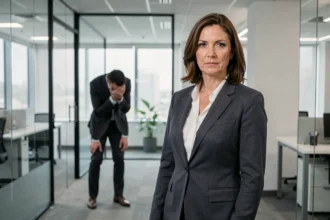 Femme au comportement dominant face à une collègue en retrait dans un bureau moderne, illustrant l'emprise psychologique au travail