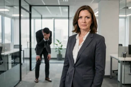 Femme au comportement dominant face à une collègue en retrait dans un bureau moderne, illustrant l'emprise psychologique au travail