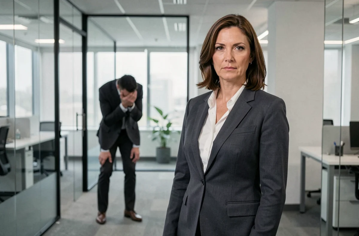 Femme au comportement dominant face à une collègue en retrait dans un bureau moderne, illustrant l'emprise psychologique au travail