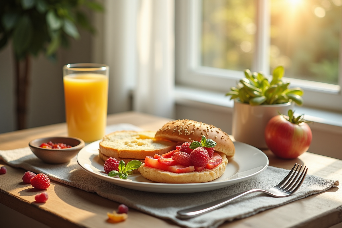 Petit déjeuner sain sur une table lumineuse en cuisine