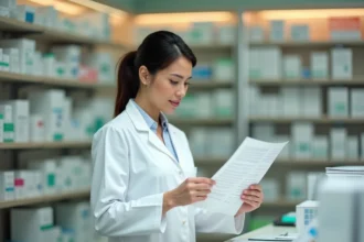 Pharmacienne en blouse blanche analysant un bilan sanguin avec des résultats de gamma-glutamyl transférase au comptoir d'une pharmacie