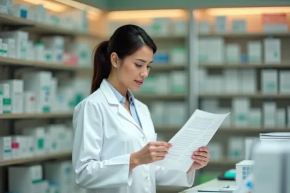 Pharmacienne en blouse blanche analysant un bilan sanguin avec des résultats de gamma-glutamyl transférase au comptoir d'une pharmacie