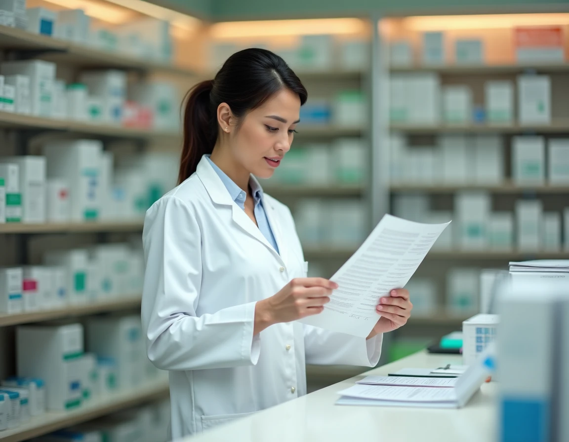 Pharmacienne en blouse blanche analysant un bilan sanguin avec des résultats de gamma-glutamyl transférase au comptoir d'une pharmacie