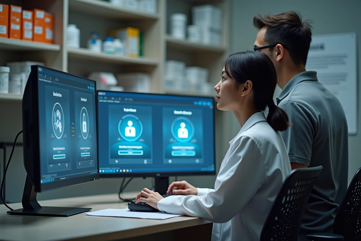 Pharmacienne et technicien informatique collaborant sur un système de connexion sécurisée pour soignants