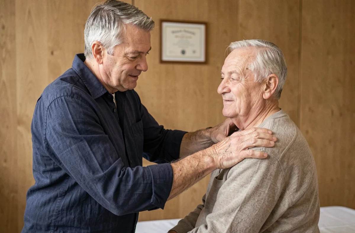 Philippe Garnier ostéopathe pour seniors à Draveil mobilisant l'épaule d'un patient âgé assis