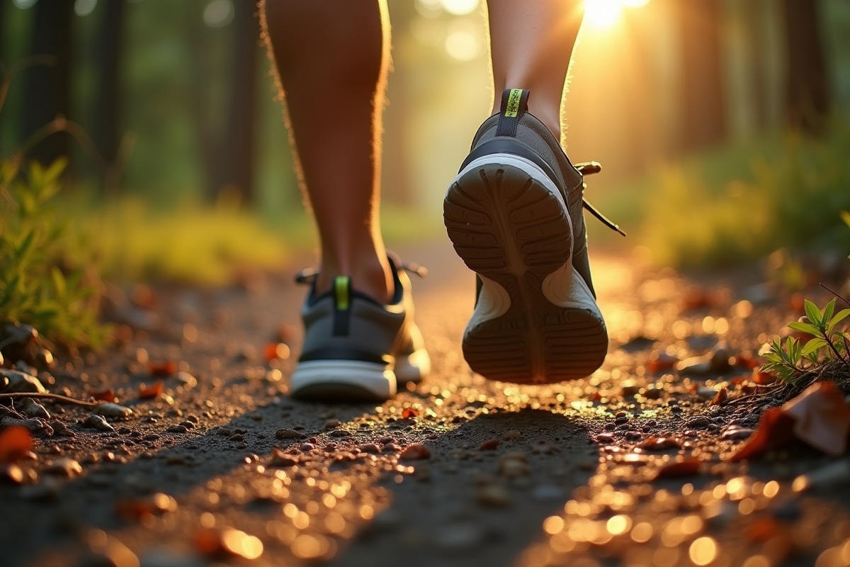 Pieds en baskets sur un sentier forestier au matin