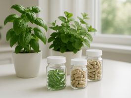 L’importance des compléments alimentaires à base de plantes pour une santé optimale Photo de plantes vertes fraîches et compléments naturels sur une table