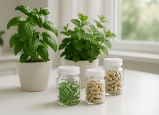 Photo de plantes vertes fraîches et compléments naturels sur une table