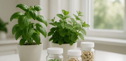 Photo de plantes vertes fraîches et compléments naturels sur une table