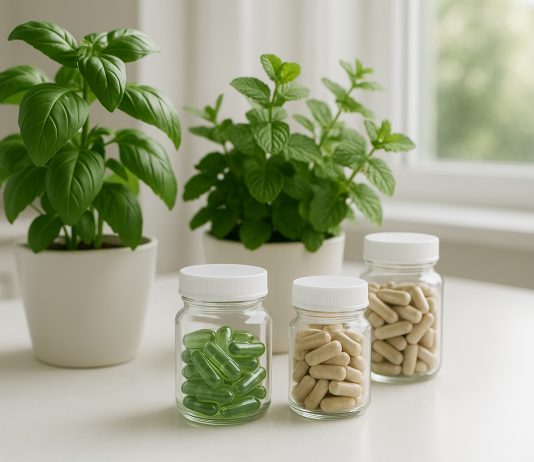 Photo de plantes vertes fraîches et compléments naturels sur une table