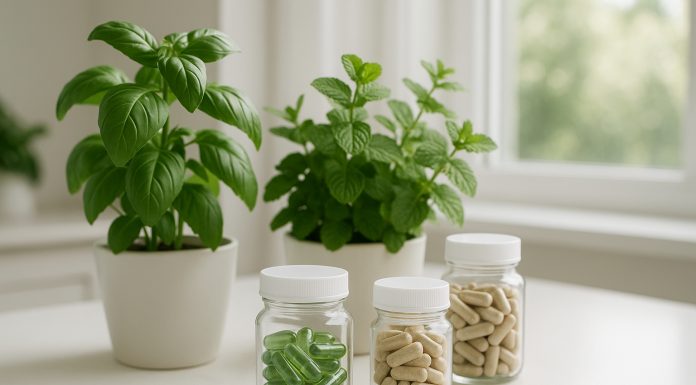 L’importance des compléments alimentaires à base de plantes pour une santé optimale Photo de plantes vertes fraîches et compléments naturels sur une table