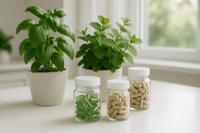 Photo de plantes vertes fraîches et compléments naturels sur une table