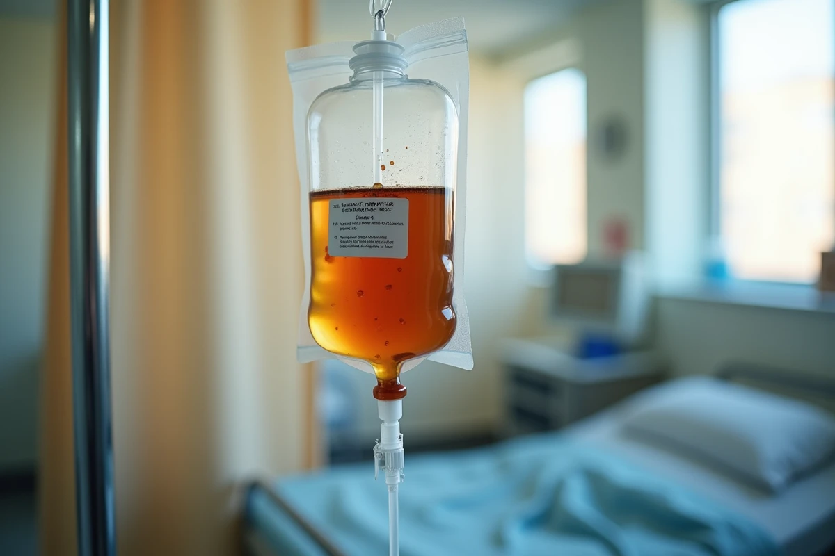 Gros plan sur une poche de perfusion de fer intraveineuse suspendue à un pied à perfusion dans une unité hospitalière