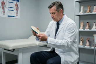 Podologue examinant une semelle orthopédique Akusoli en cabinet médical