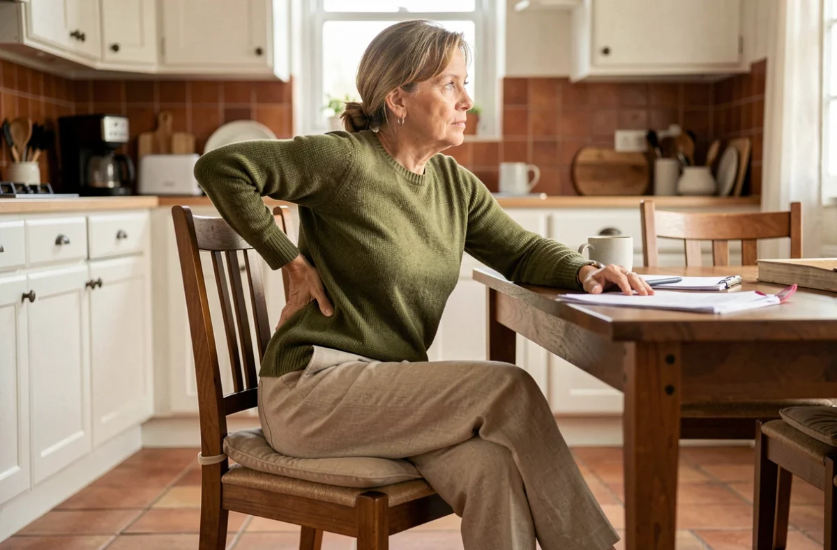 Femme d'une cinquantaine d'années assise sur une chaise de cuisine avec un coussin pour soulager la sciatique en position assise prolongée