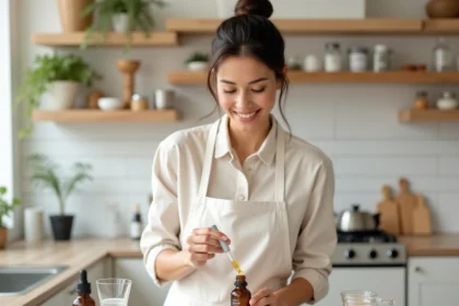 Femme préparant un sérum maison en mesurant des ingrédients avec une pipette sur un plan de travail en marbre blanc entouré de flacons en verre et de notes de recette