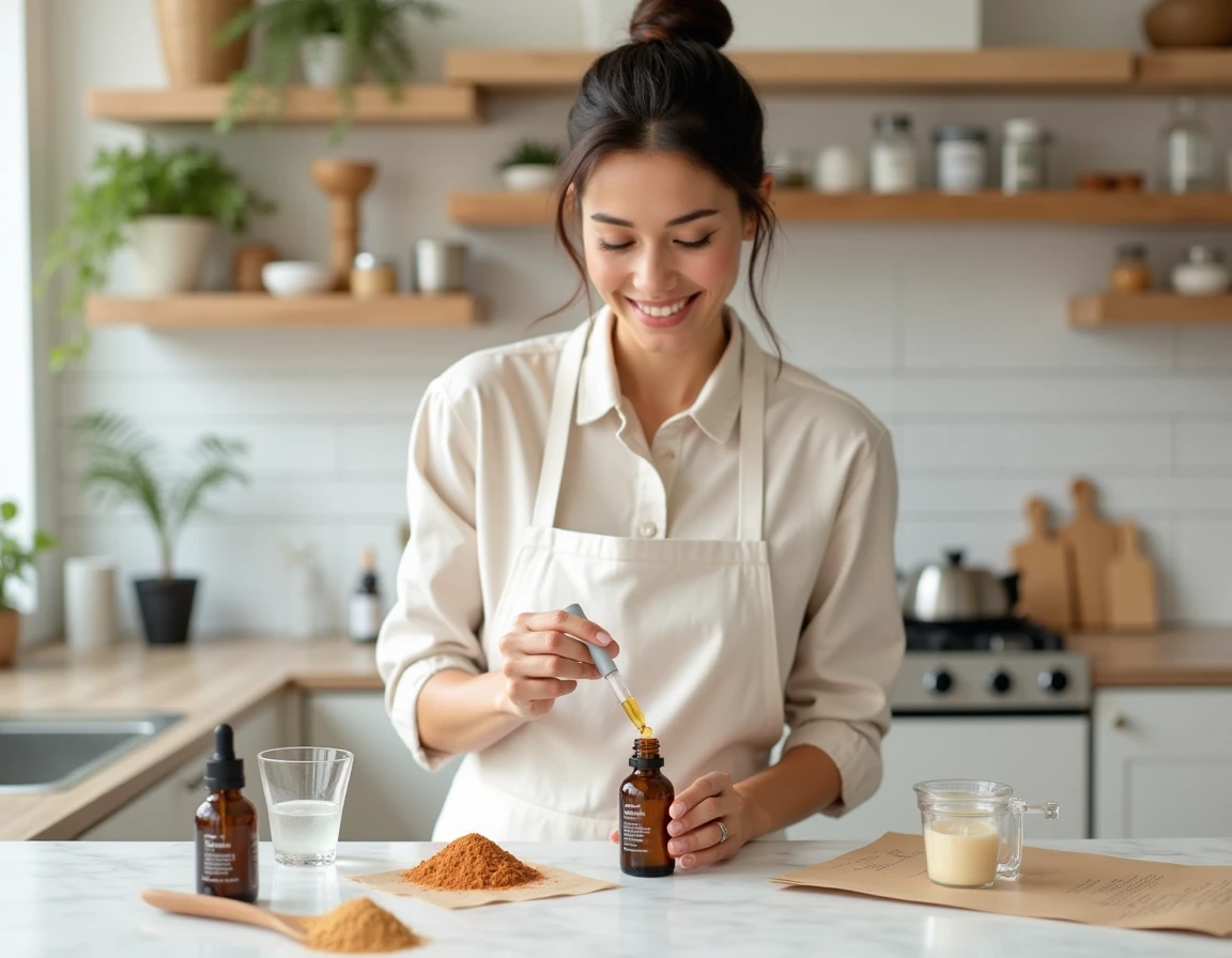 Femme préparant un sérum maison en mesurant des ingrédients avec une pipette sur un plan de travail en marbre blanc entouré de flacons en verre et de notes de recette