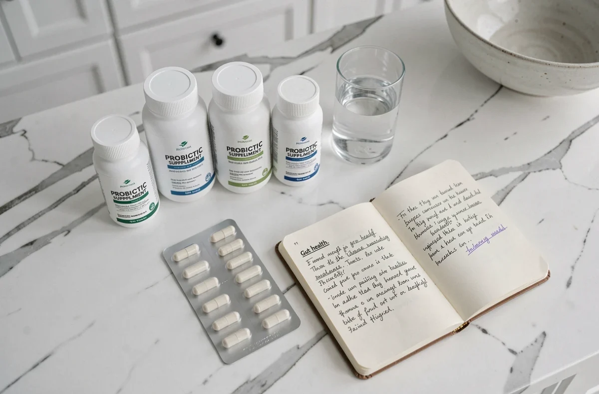 Vue en plongée de bouteilles de probiotiques et de gélules disposées sur un plan de travail en marbre blanc