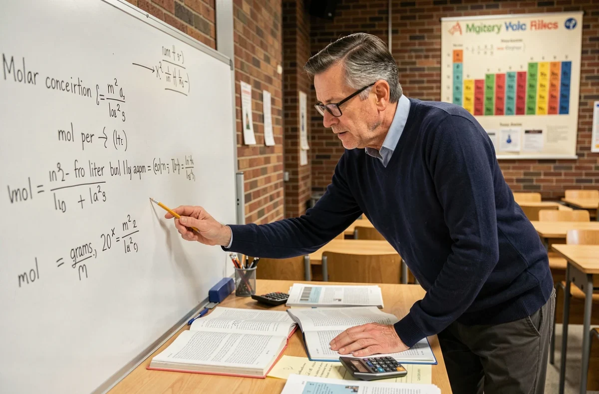 Professeur de chimie expliquant les formules de concentration molaire sur un tableau blanc en salle de classe