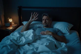 Homme adulte assis dans son lit la nuit en train de tousser, chambre sombre avec réveil numérique et verre d'eau sur la table de chevet