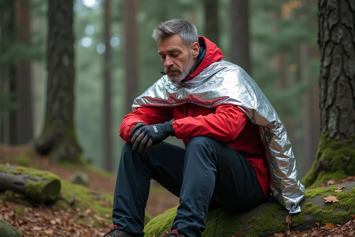 Hiker en forêt avec couverture de survie rouge