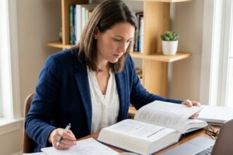 Femme en reconversion professionnelle étudiant un manuel de diététique à son bureau à domicile