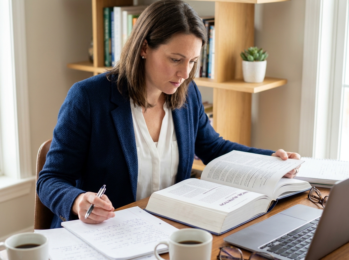 Femme en reconversion professionnelle étudiant un manuel de diététique à son bureau à domicile