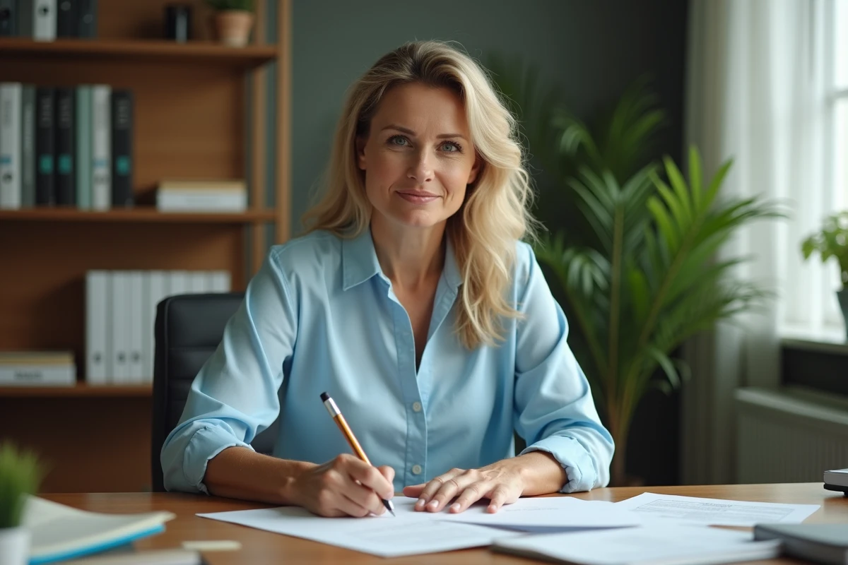 Femme rédigeant un courrier administratif à son bureau pour contacter la CPAM de Lyon