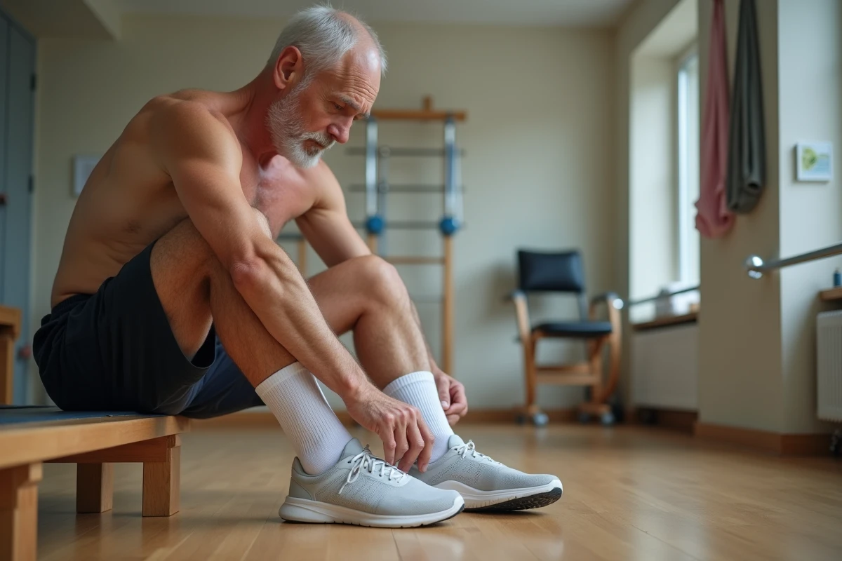 Patient en rééducation podologique ajustant une semelle orthopédique après traitement d'une épine calcanéenne