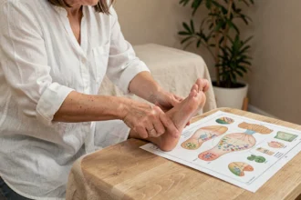 Réflexologue appliquant une technique de pression sur la plante du pied droit d'une patiente avec une carte de réflexologie plantaire visible