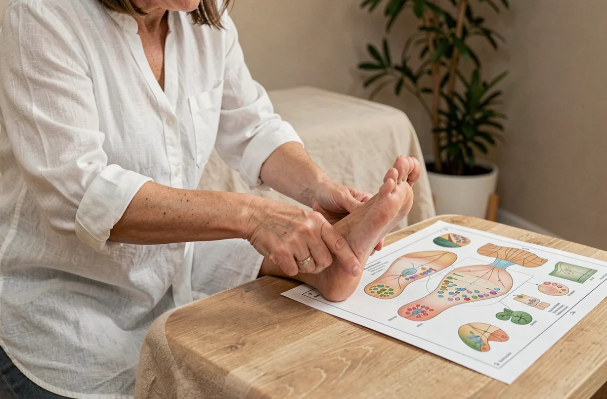 Réflexologue appliquant une technique de pression sur la plante du pied droit d'une patiente avec une carte de réflexologie plantaire visible