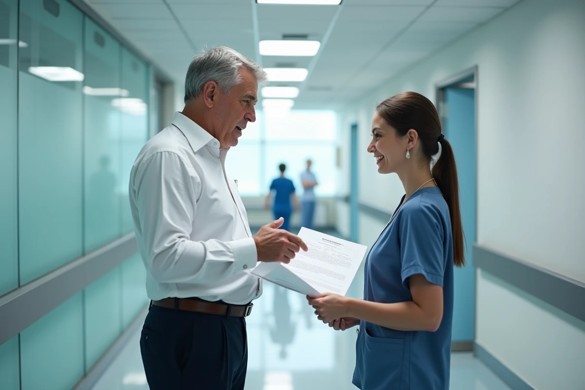 Responsable RH hospitalier et soignante discutant d'un contrat de travail dans un couloir d'hôpital