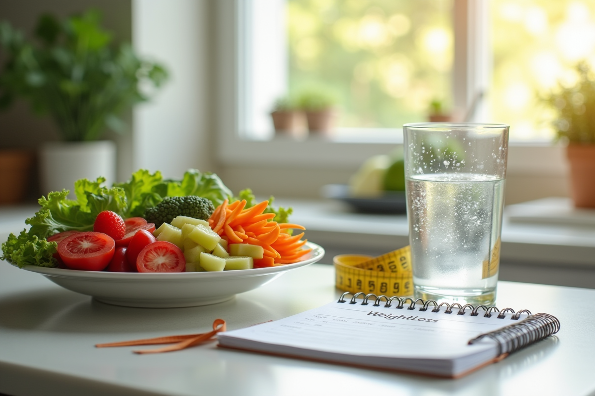 Salade colorée sur un plan de travail avec eau et carnet minceur
