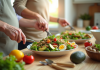 Couple senior préparant une salade colorée riche en vitamine B5