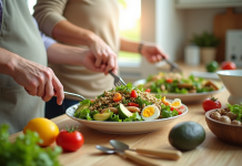Couple senior préparant une salade colorée riche en vitamine B5