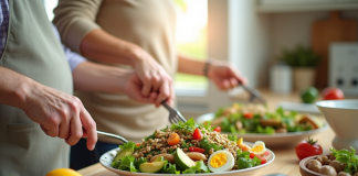 Couple senior préparant une salade colorée riche en vitamine B5
