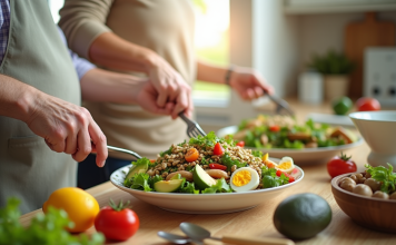 Quels sont les aliments riches en vitamine B5 pour les seniors ? Couple senior préparant une salade colorée riche en vitamine B5