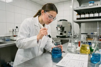 Scientifique en blouse blanche pipettant une solution aqueuse dans un bécher gradué en laboratoire pour calculer une concentration