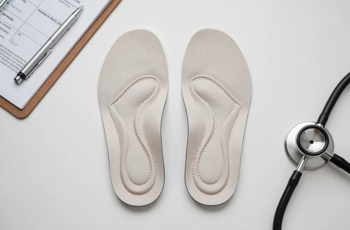 Semelles orthopédiques Akusoli posées sur une surface médicale blanche avec ordonnance et stéthoscope