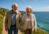 Couple de seniors souriants marchant main dans la main en Bretagne