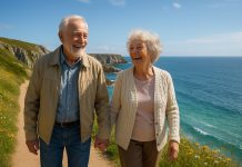 Couple de seniors souriants marchant main dans la main en Bretagne