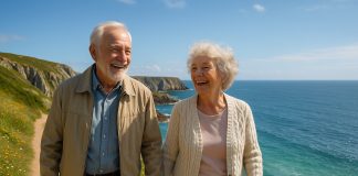 Couple de seniors souriants marchant main dans la main en Bretagne