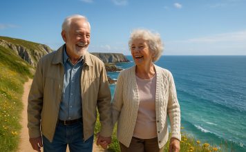 Le Finistère, une terre d’accueil pour les seniors en quête de sérénité Couple de seniors souriants marchant main dans la main en Bretagne