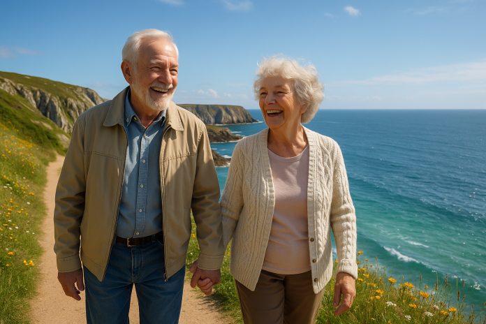 Couple de seniors souriants marchant main dans la main en Bretagne