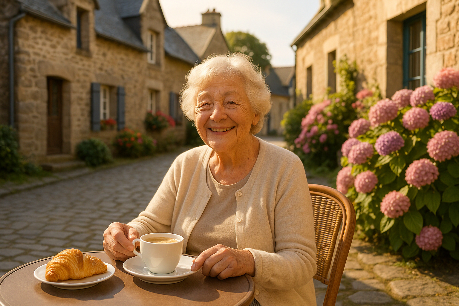 Femme senior heureuse dégustant un café en village breton