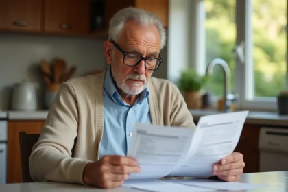 Homme senior en cuisine lisant des études médicales
